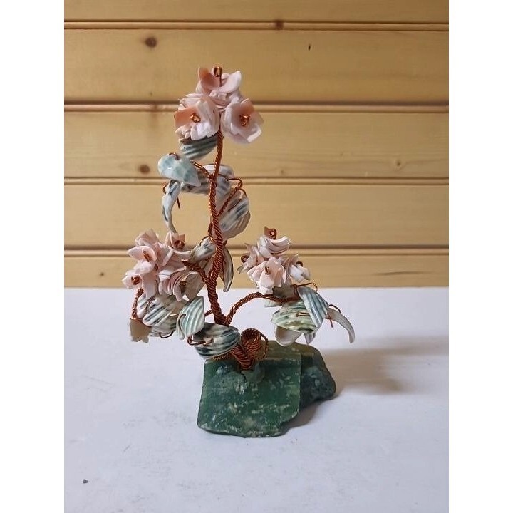 Bonsai Tree Sea Shell Copper Wire Leaf Pink Flower Faux Jade Green