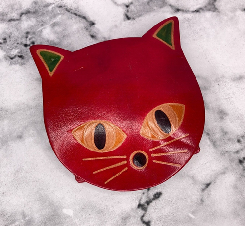 Vintage Cat Face Red Hand Tooled Leather Snap Button Folding Coin Purse Wallet