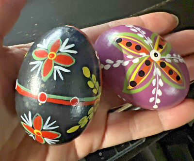 2 Vintage Hand Painted Wood Eggs Easter Decorations Floral Black + Purple
