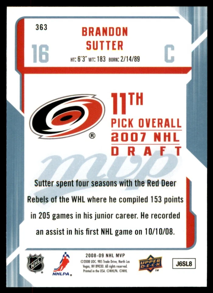 2008-09 Upper Deck MVP Brandon Sutter RC #363 - Image 2 of 2