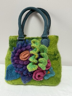 MEGGIE KNITS Lime Green Boiled Wool Purse Flowers Spirals Bohemian Cottagecore