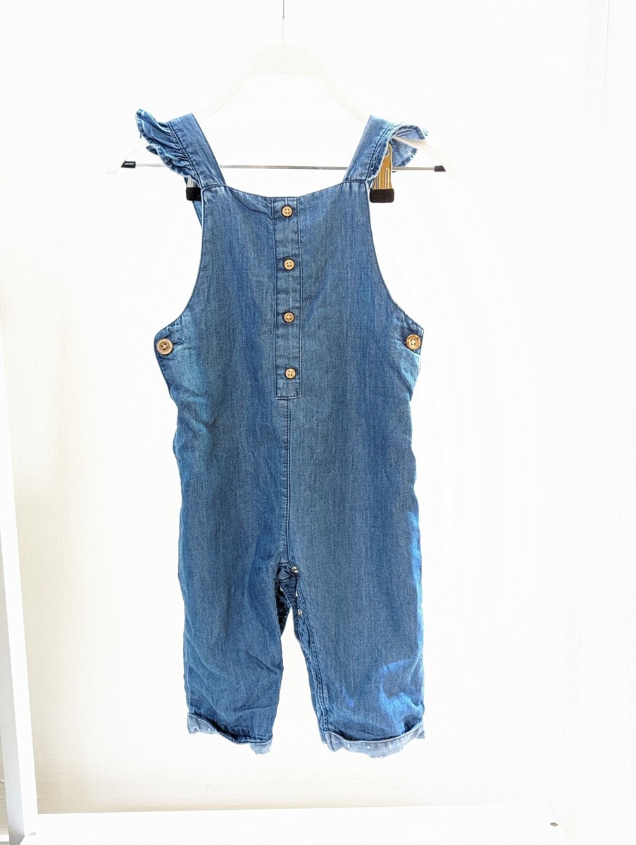Primark Baby Girls 9-12 Months Plain Blue Denim Jumpsuit Outfit