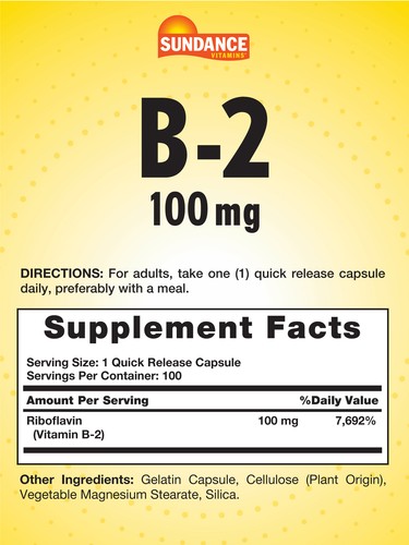 Vitamin B2 100mg | 100  Vegetarian Tablets | Non-GMO, Gluten Free | by Sundance - Picture 2 of 5
