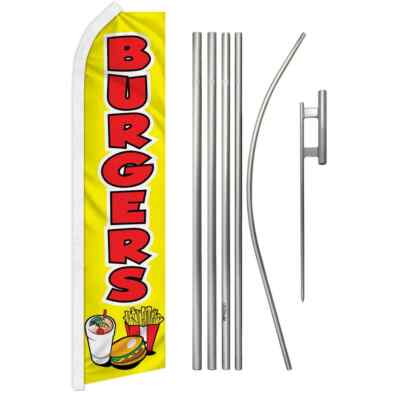 Burgers Swooper Flutter Feather Advertising Food Flag & Pole Kit