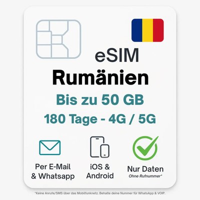 Rumänien eSIM Datentarif digitale e SIM - per Mail- ohne Telefon Nummer