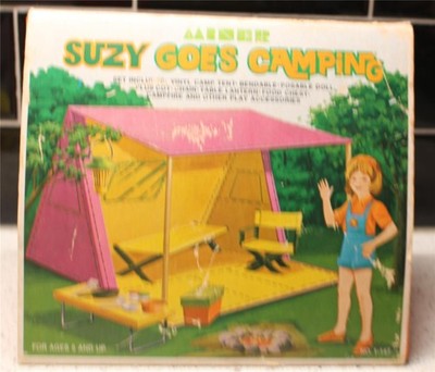Vintage Miner Suzy Goes Camping Play Set Small Doll Unassembled Two Guys Tag