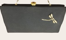 Vtg Black Evening Bag After Five Clasp Lock Frame Purse Coin Dragonfly USA