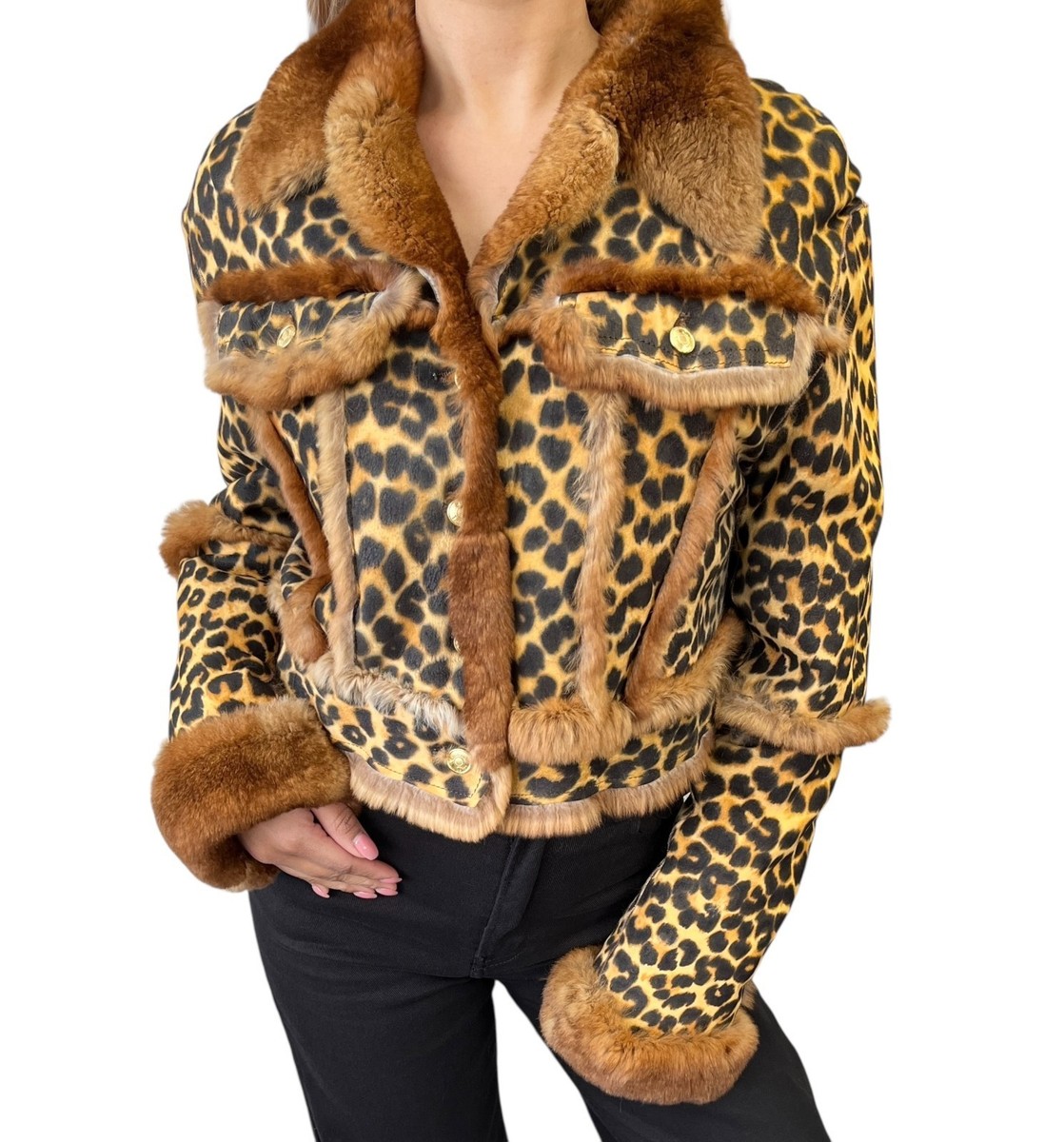 Christian Dior Vintage Leopard Shearling Fur Jacket Top #40 Brown