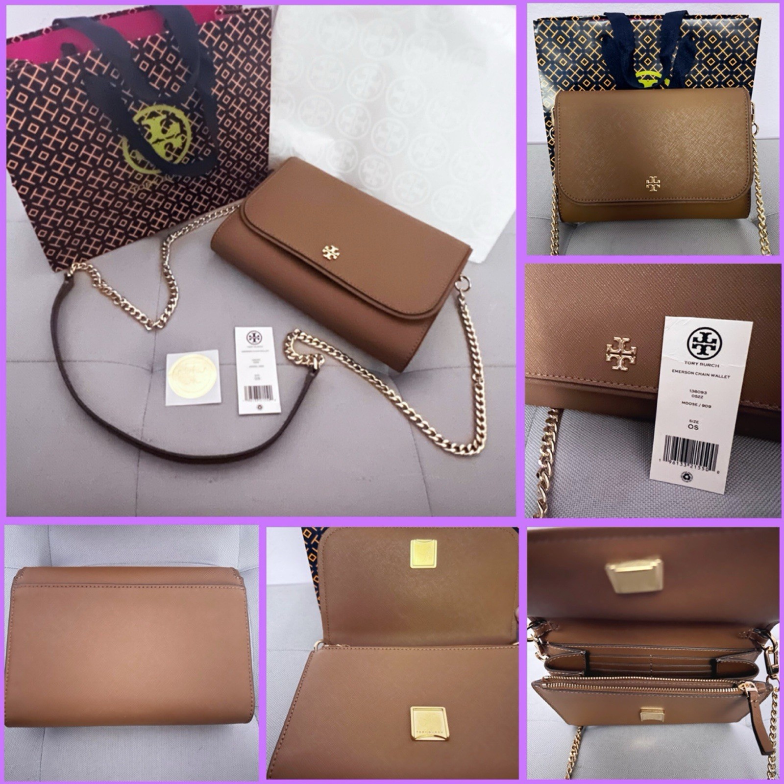 NWT TORY BURCH Emerson Chain Wallet Brown Gold Saffiano Leather Crossbody $298