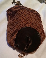 Unique 1920's Brown Beaded Purse w/ Bakelite Lid chain link Tassel string