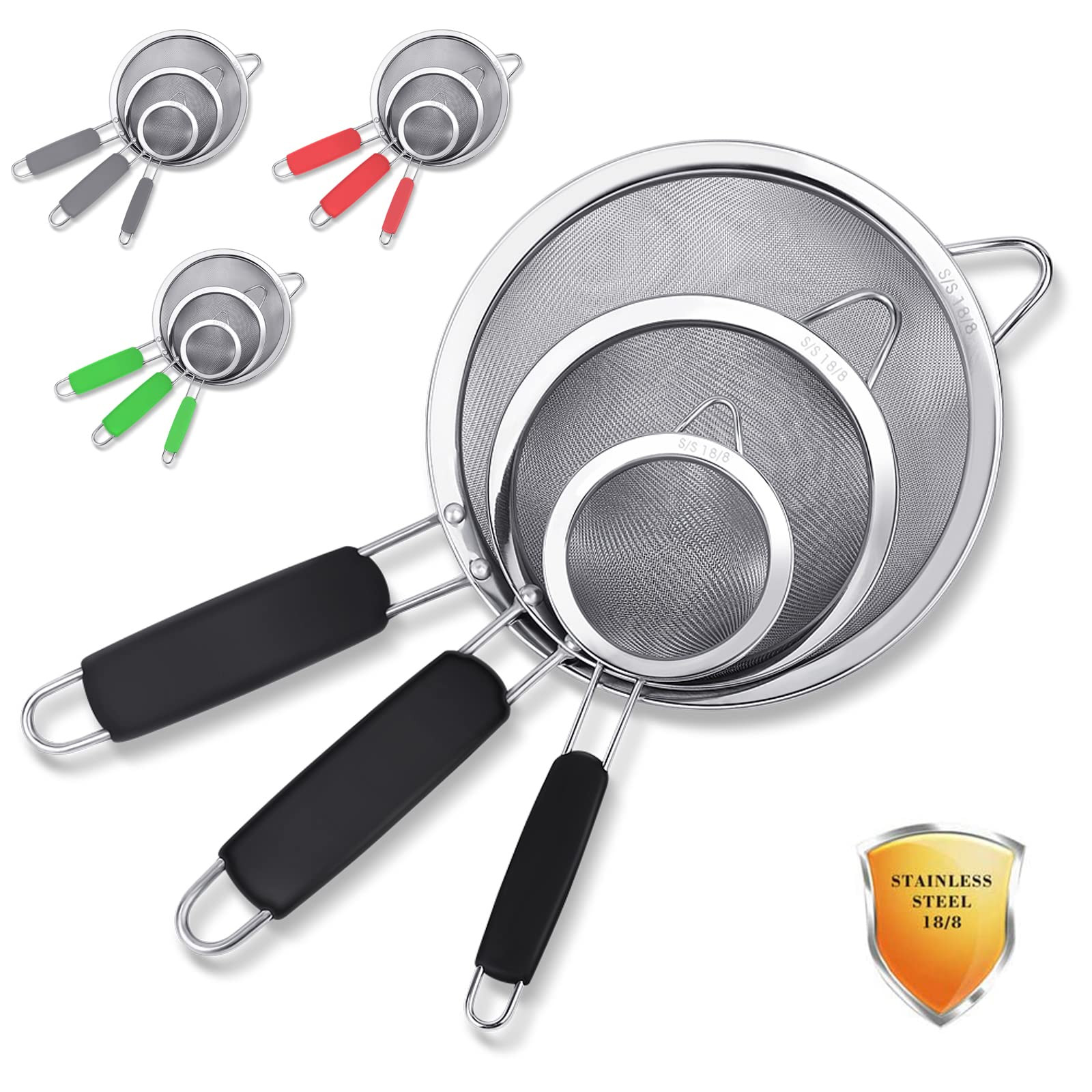 3 Pack Stainless Steel 18/8 Extra Fine Double Mesh Strainers, Large, Medium &...