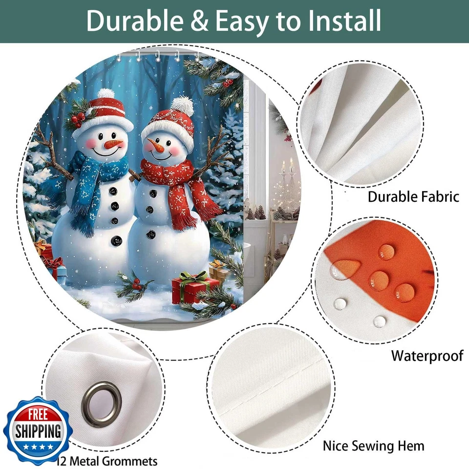 Cortina de ducha muñeco de nieve de Navidad amarillo, árbol de Navidad bosque de invierno granja rústica Foto 4 de 4