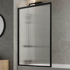 Matt Black Over Bath Shower Screen Fluted Glass Square Frame Reversible 800mm