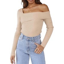 Women Beige Asymmetrical Off Shoulder Ribbed Sweater Small Long Sleeve Top