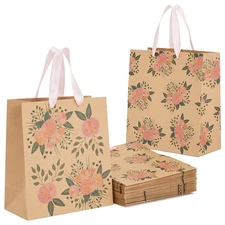 24 Pack Kraft Paper Floral Gift Bags with Pink Ribbon Handles, 2 Designs, 9 x 8"