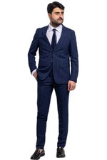Abito Uomo Gessato Completo Giacca Pantaloni Cerimonia Vestito Elegante VEQUE