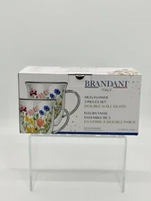 Set Of 2 Double Glass Mugs Flowers Desing Made In Italy Kitchen Decor Mugs Gift