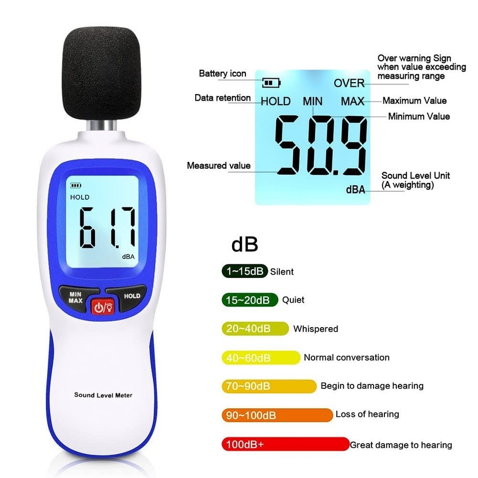 Remote Db Meter Portable Decibel Meter 30-130dBA Sound Monitoring Tester Backlit LCD ...