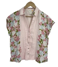 C&C California 100% Linen Pink Floral Button Down Blouse Small NWT Romantic Boho