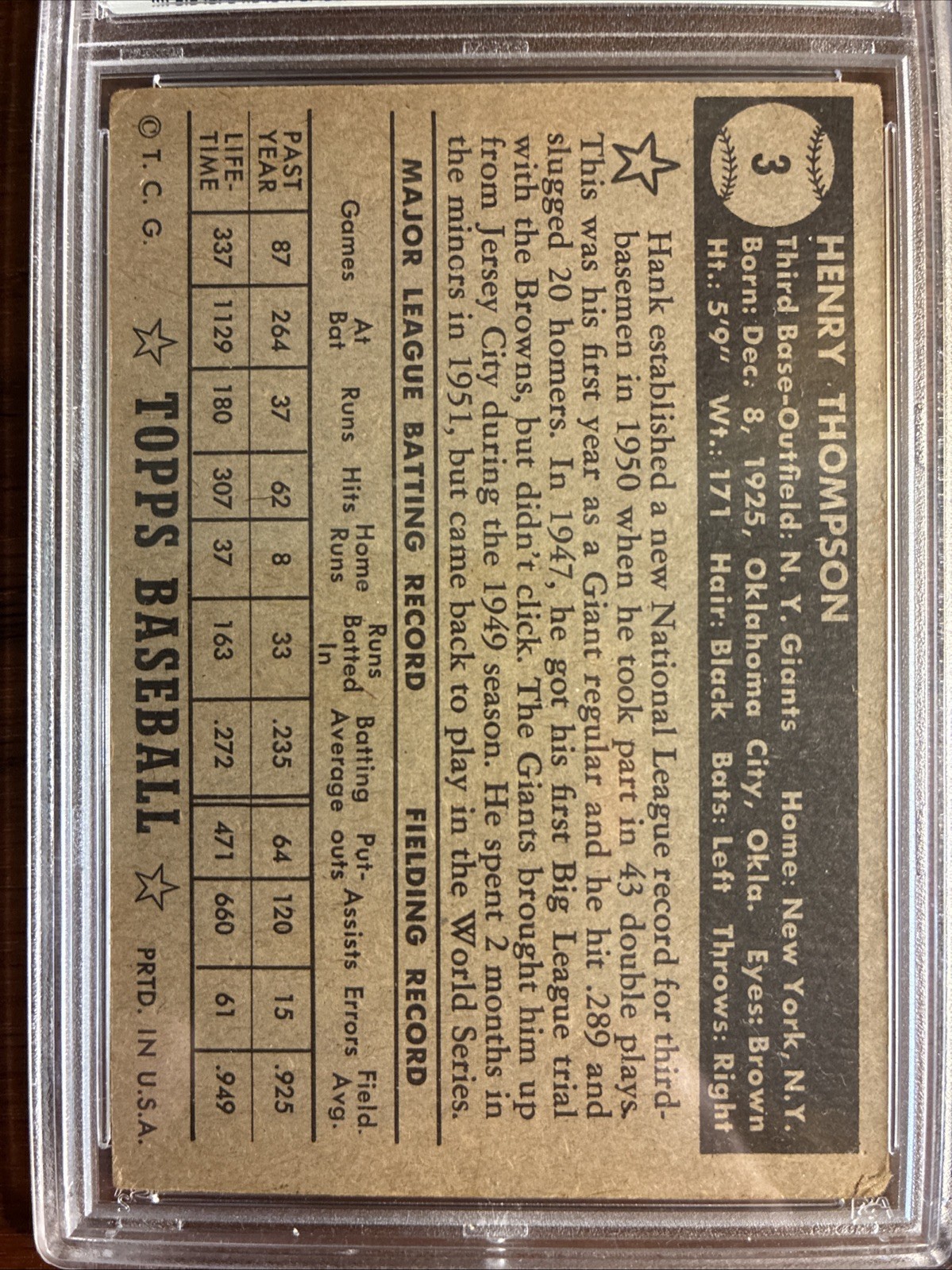 1952 Topps Hank Thompson NY Giants #3 Black Back PSA 3 VG view 4