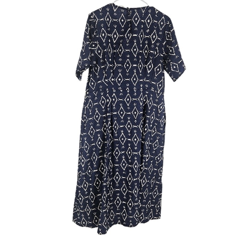 Toast Maxi Dress Navy Blue Linen Cotton Blend Geometric Tribal Lagenlook Size 16