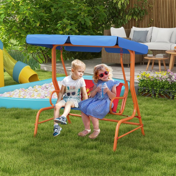 Banco columpio de jardín para niños con temática de vaquero con dosel ajustable, cinturones de seguridad