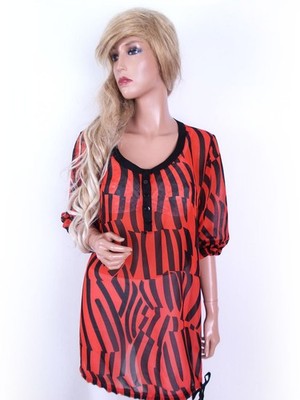 ZIZZI Damen Popover Tunika Bluse Gr. S Orange 3/4 Ärmel Knöpfe Streifen Runder
