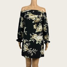 BooHoo Sz 8 Black Rose Floral Print Off Shoulder A-line Shift Dress Casual Party