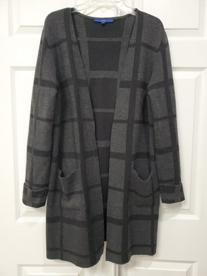 Apt. 9 Women's Size Large Shades Of Gray Plaid Open Long Cardigan w/ Pockets