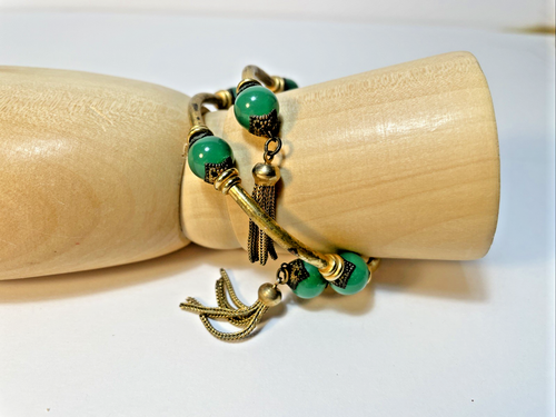 RARO Bracciale Miriam Haskell Deco Filo di Memoria Barocco Verde Vetro Perline Nappe - Foto 9 di 17