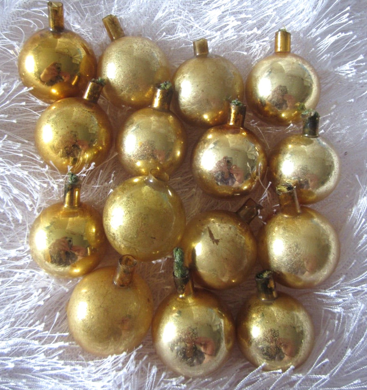 Vintage Lot of 15 SMALL MINI GOLD GLASS ROUND BALL 3/4" ORNAMENTS Christmas Deco