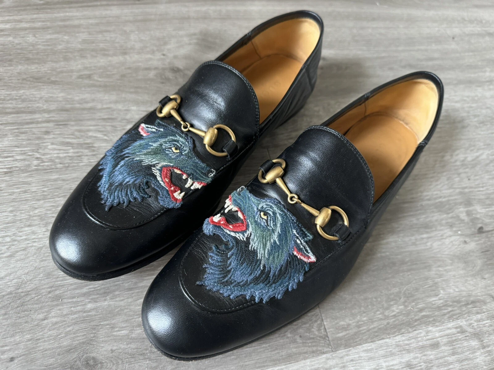 Mocassins Gucci Wolf noir Horsebit cuir laiton mors chaussures hommes US 11
