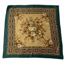 Vintage Green / Brown Floral Geometric Square Satin Scarf Necktie 90 cm