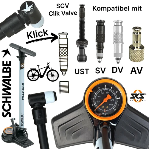 Schwalbe Fahrrad Standpumpe SKS Air-X-Plorer Clik Valve Klick Ventil SCV SV DV
