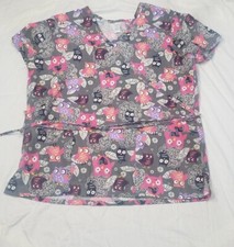 Just Be Womens L Owl Print Medical Scrub Top Tie Back Gary White Purple  Pink