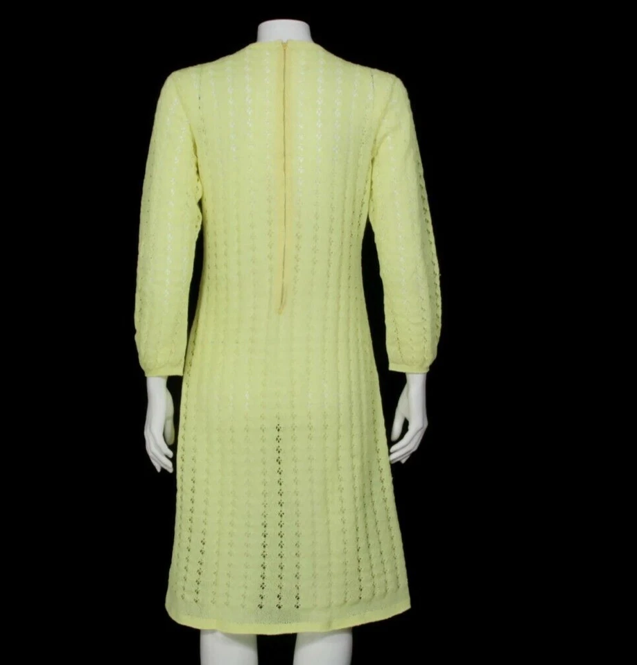 Vestido de sol vintage años 70 tejido ganchillo amarillo neón peekaboo manga larga mod talla M 852 Foto 4 de 4