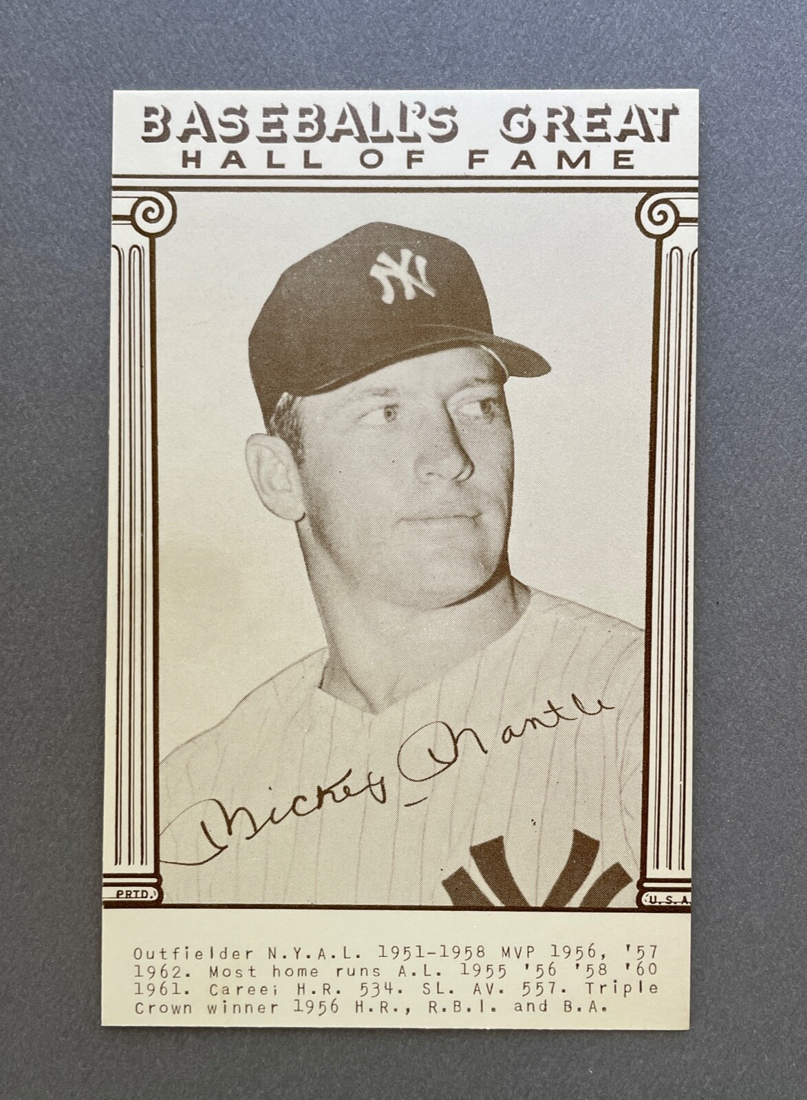 1977 Exhibits Card Baseball's Great Hall of Fame Mickey Mantle New York