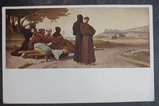 vtg postcard Fritz KUNZ St Francis blesses dying Assisi unposted art Germany