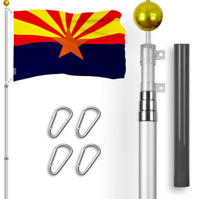 Combo: 16 Ft Telescoping Flagpole Silver & Arizona AZ State Flag 3x5 Ft Emb 300D