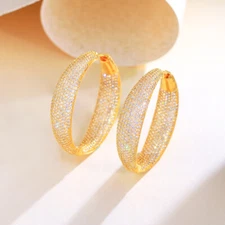 Heavy Work Yellow Gold Plated CZ Wide Hoop Earrings for Women Wedding Banquet 