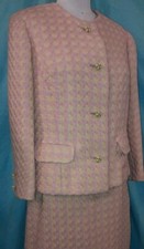 Vtg 1960s Pastel Sherbert Yellow Pink JEWELRY BUTTON Jackie O skirt Suit Set M L