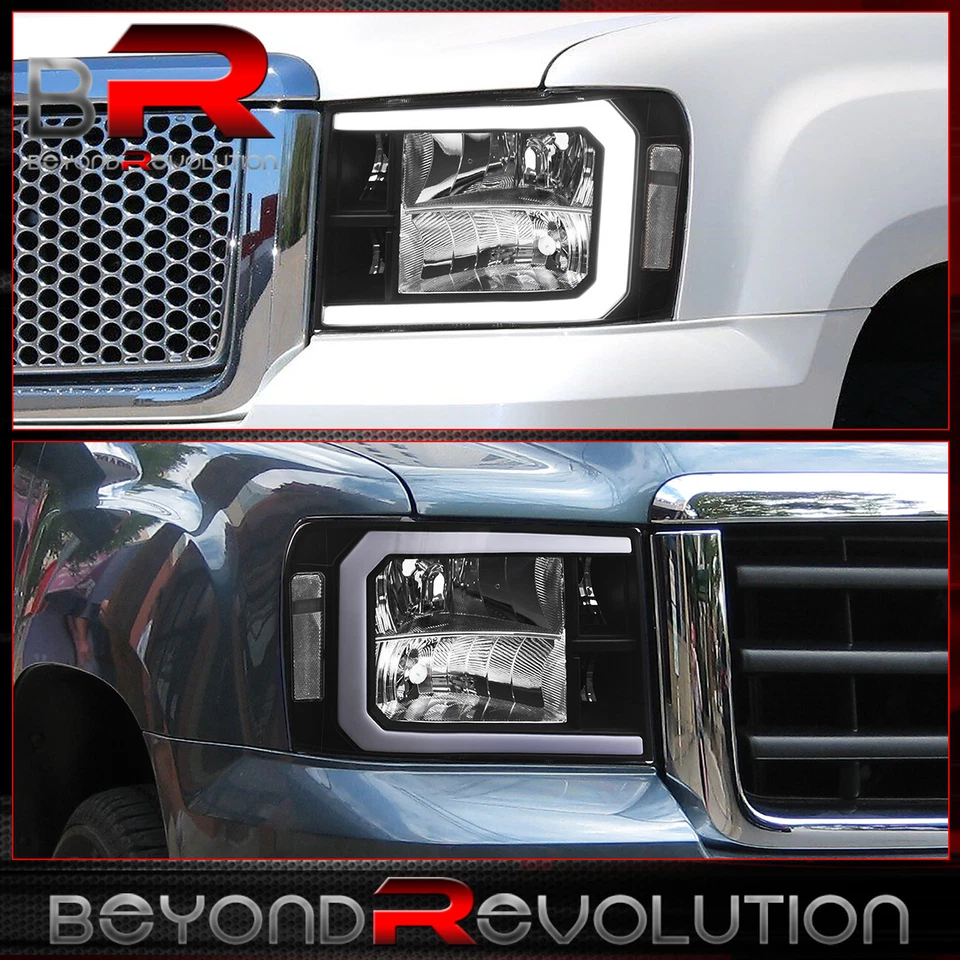 For 2007-2014 GMC Sierra Black LED DRL Tube Headlight Assembly Signal Lamps Pair — 第 2/4 张图片