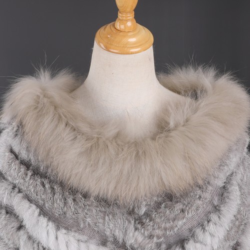 Women's Pullover Poncho Real Rabbit Fur Knitted Cape Shawl Raccoon Fur Collar - Picture 41 of 54