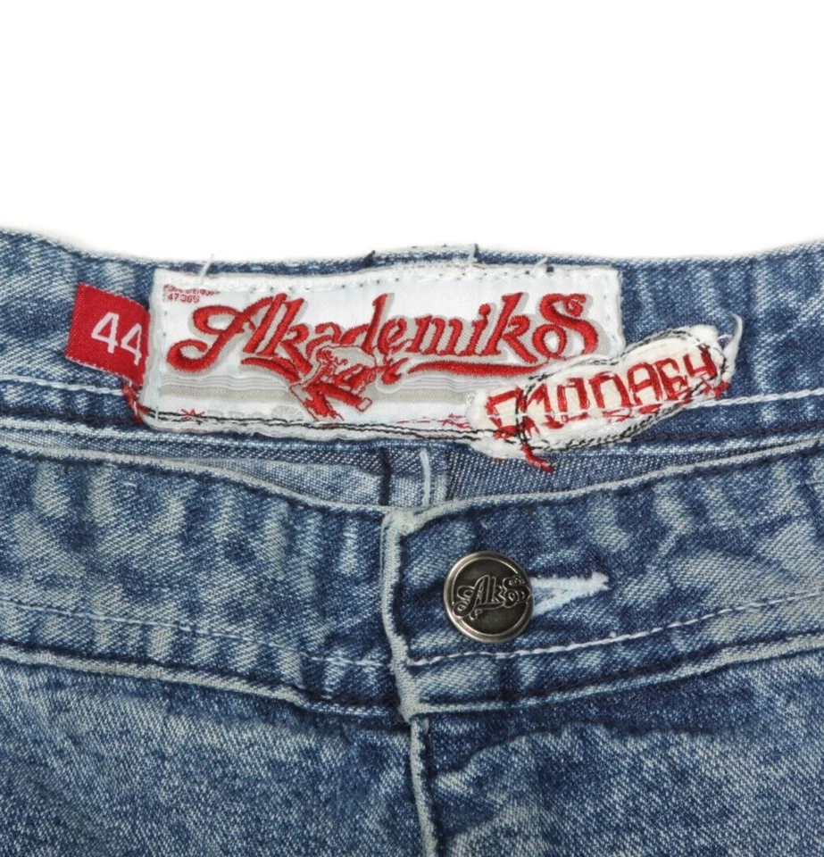 Vintage Akademiks Jean Shorts Mens Size 44 Blue Spell Out Long Stitched Y2K /835 - Image 4 of 4