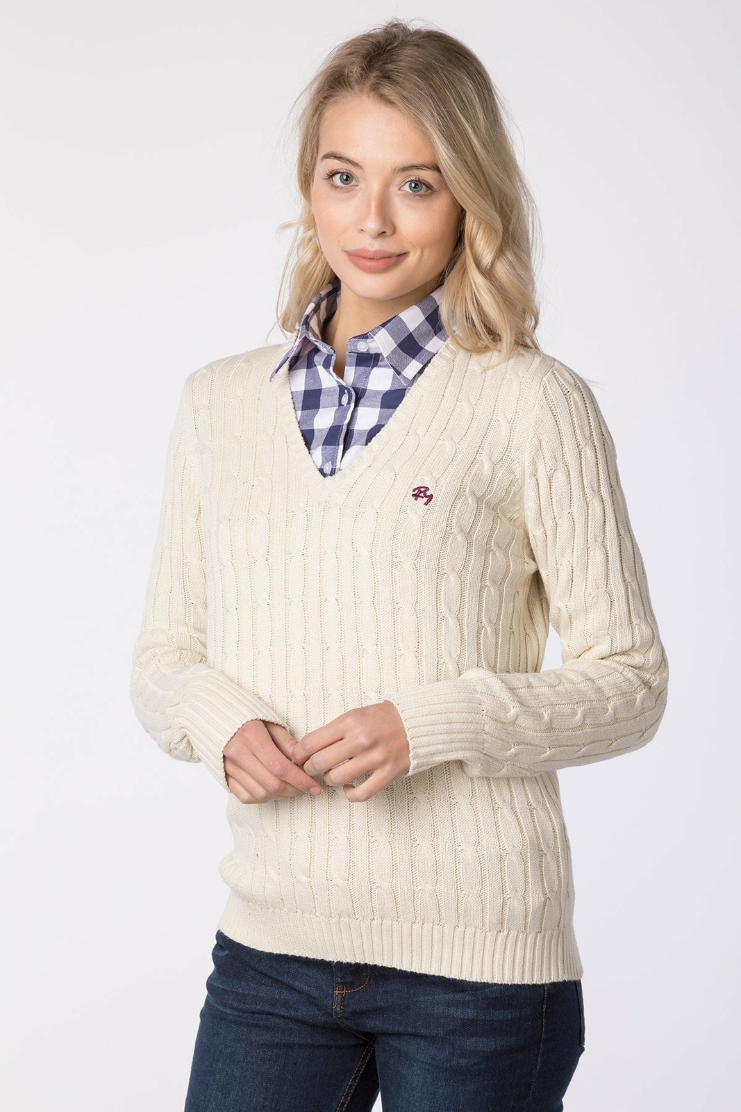 Ladies Cable Knit Jumper 100 Thick Cotton Women's Rydale V Neck