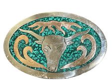 VTG Mexico Belt buckle Silver Alpaca Deer head Inlay oval shape