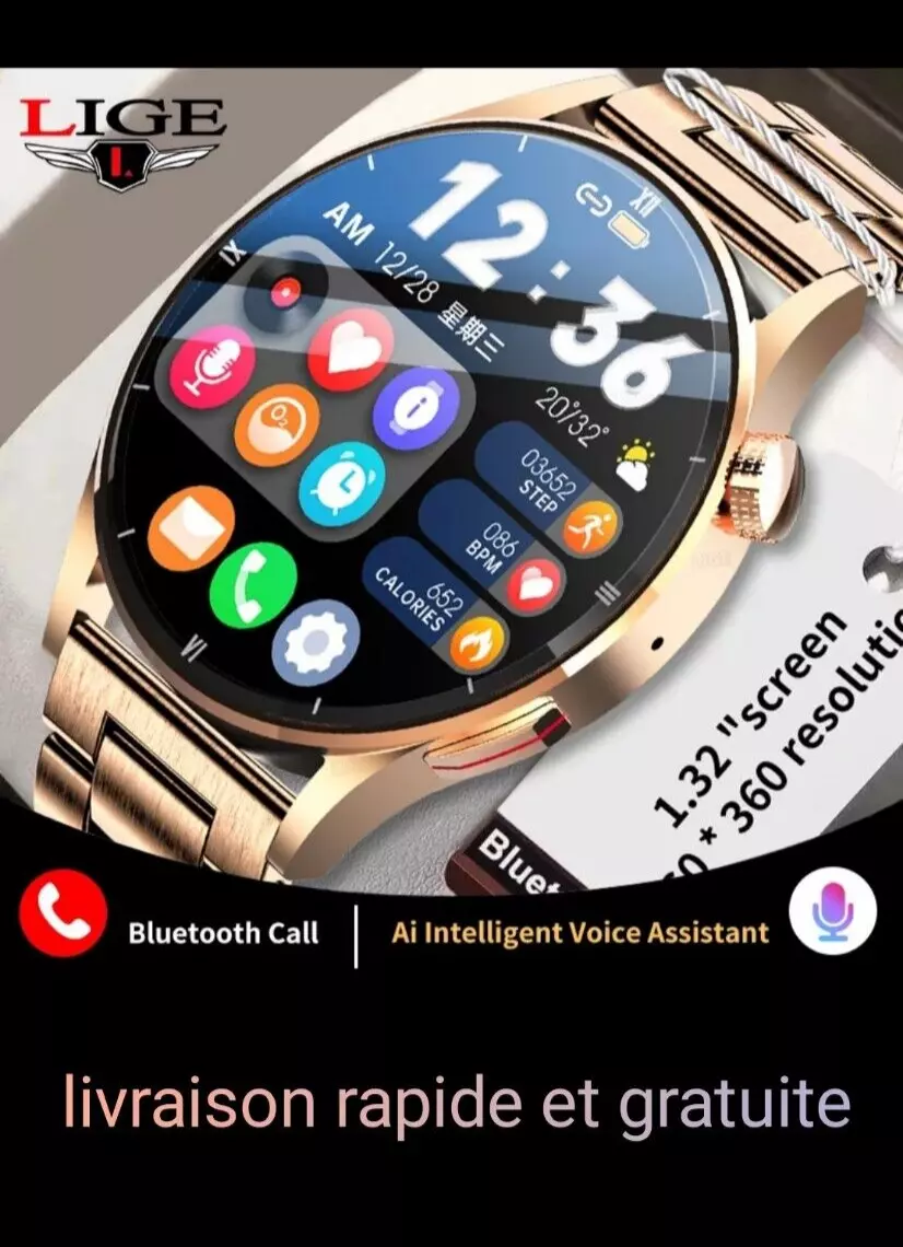 Montre Connect e de luxe BT audio assistance vocal avec bracelet silicone offert