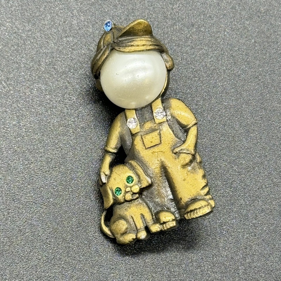Vintage Signed JJ Boy & His Dog Brooch Pin Rhinestone Faux Pearl
