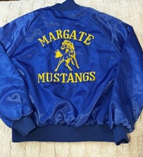 Vintage Margate Mustangs Satin Bomber Jacket Men's Size Large Blue Made In USA