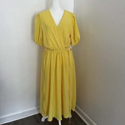 Maison Tara Women s Yellow Faux Wrap Midi Dress Puff Sleeve Side Cutout Size 12